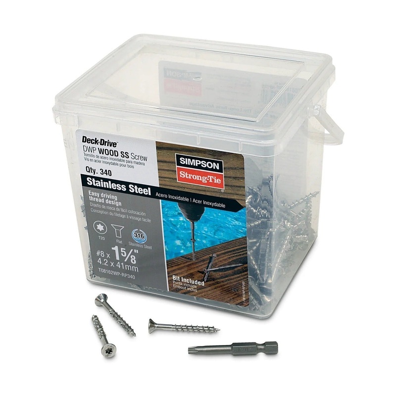Simpson T08162WP-RP340 Strong-Tie Deck-Drive DWP Wood SS Screw #8 x 1-5/8 T20 Flat Head Type 316 (340 Pack)
