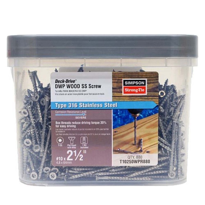 Simpson Strong-Tie T10250WPR880 (#10 x 2-1/2) Deck-Drive DWP Wood SS Screw T25, Flat Head, Type 316 (880 Pack)