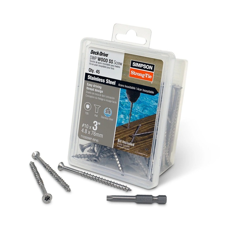 Simpson T10300WP-RP45 Strong-Tie Deck-Drive DWP Wood SS Screw #10 x 3 T-25, Flat Head, Type 316 (45 Pack)