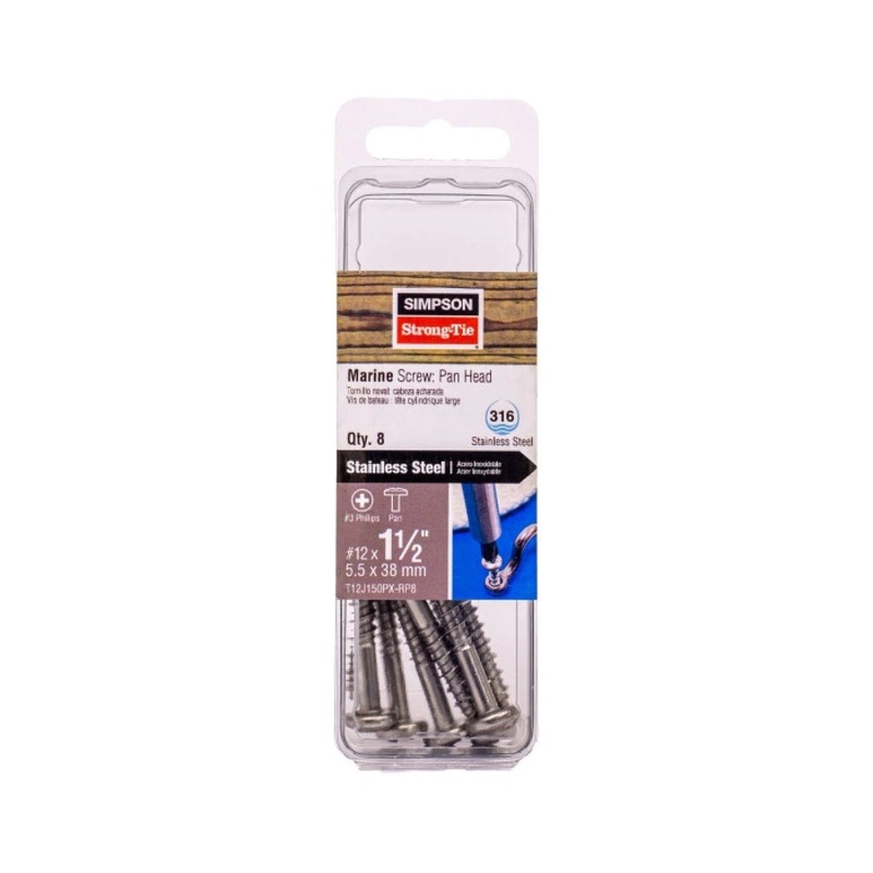 Simpson T12J150PX-RP8 Strong-Tie Marine Screw Pan Head #12 x 1-1/2 #3 Phillips Drive, Type 316 (8 Pack)