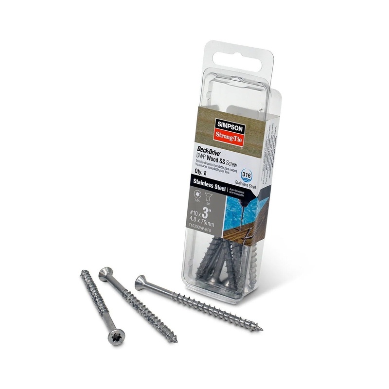 Simpson T10300WP-RP8 Strong-Tie Deck-Drive DWP Wood SS Screw #10 x 3 T-25 Flat Head Type 316 (8 Pack)